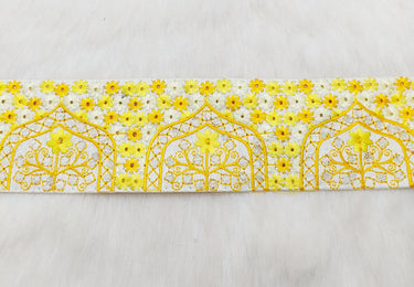 Beige Art Silk Fabric Trim Border with Floral Embroidery and Silver Indian Foil Work, Decorative Trimming, Crafting Lace